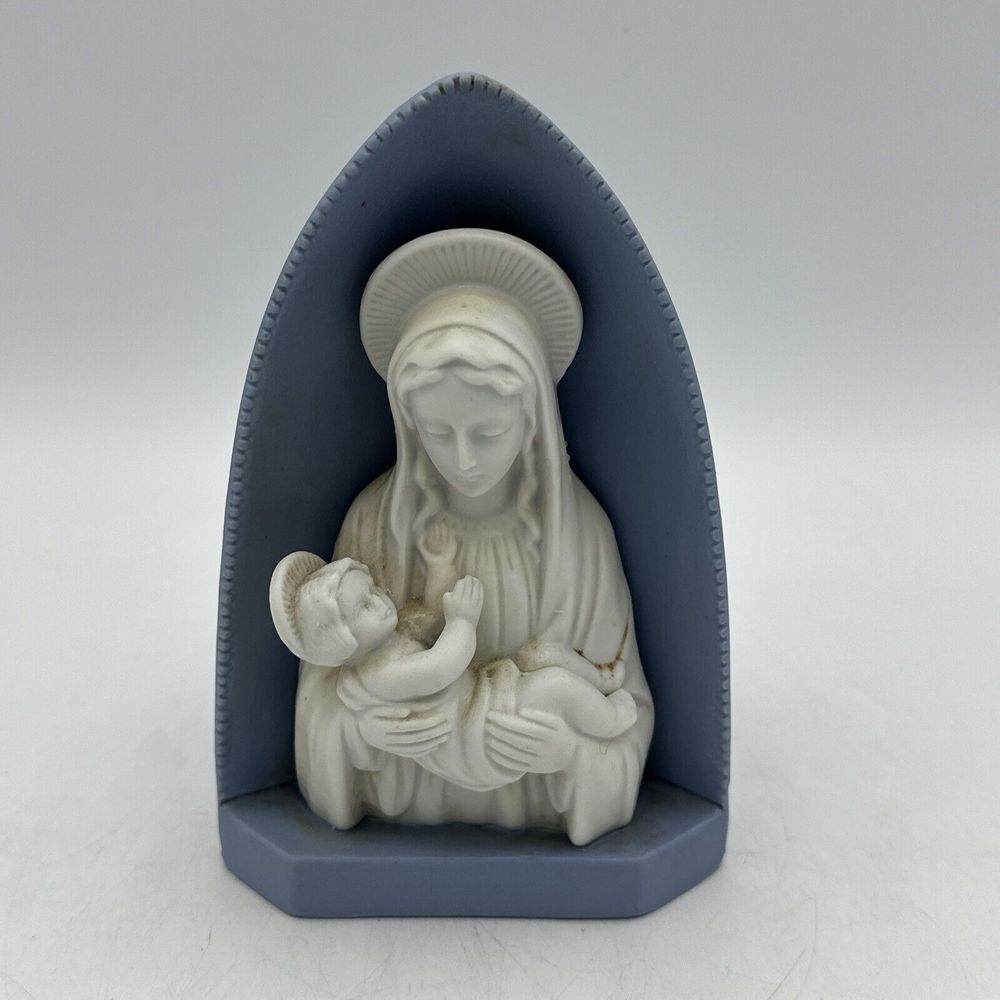Madonna and Child Planter Figure 1960 Japan HF Co. Bisque Porcelain Blue White